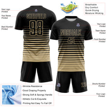 Load image into Gallery viewer, Custom Black Vegas Gold Gradient Pinstripe Sublimation Soccer Uniform Jersey
