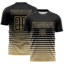 Load image into Gallery viewer, Custom Black Vegas Gold Gradient Pinstripe Sublimation Soccer Uniform Jersey

