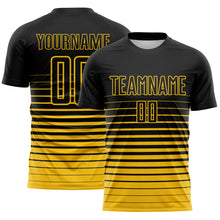 Загрузить изображение в средство просмотра галереи, Custom Black Yellow Gradient Pinstripe Sublimation Soccer Uniform Jersey
