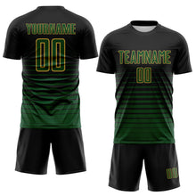 Load image into Gallery viewer, Custom Black Green-Old Gold Gradient Pinstripe Sublimation Soccer Uniform Jersey

