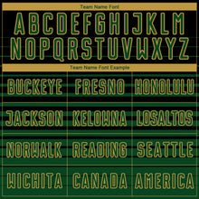 Load image into Gallery viewer, Custom Black Green-Old Gold Gradient Pinstripe Sublimation Soccer Uniform Jersey

