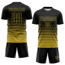Load image into Gallery viewer, Custom Black Old Gold Gradient Pinstripe Sublimation Soccer Uniform Jersey
