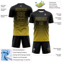 Load image into Gallery viewer, Custom Black Old Gold Gradient Pinstripe Sublimation Soccer Uniform Jersey
