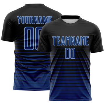 Custom Black US Navy Blue-Light Blue Gradient Pinstripe Sublimation Soccer Uniform Jersey