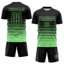 Laden Sie das Bild in den Galerie-Viewer, Custom Black Pea Green Gradient Pinstripe Sublimation Soccer Uniform Jersey
