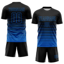 Load image into Gallery viewer, Custom Black Blue Gradient Pinstripe Sublimation Soccer Uniform Jersey

