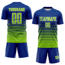 Load image into Gallery viewer, Custom Royal Neon Green-White Gradient Pinstripe Sublimation Soccer Uniform Jersey
