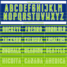 Load image into Gallery viewer, Custom Royal Neon Green-White Gradient Pinstripe Sublimation Soccer Uniform Jersey
