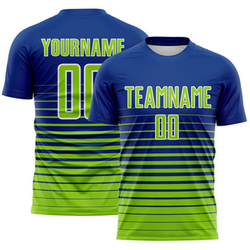 Custom Royal Neon Green-White Gradient Pinstripe Sublimation Soccer Uniform Jersey