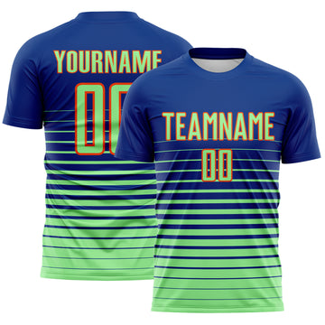 Custom Royal Pea Green-Orange Gradient Pinstripe Sublimation Soccer Uniform Jersey