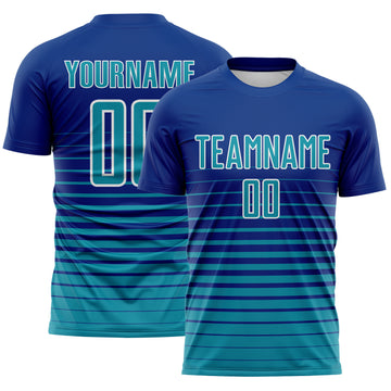 Custom Royal Teal-White Gradient Pinstripe Sublimation Soccer Uniform Jersey