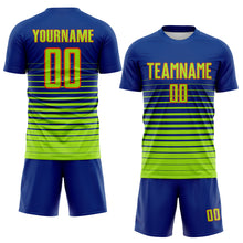 Load image into Gallery viewer, Custom Royal Neon Green-Orange Gradient Pinstripe Sublimation Soccer Uniform Jersey

