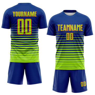 Custom Royal Neon Green-Orange Gradient Pinstripe Sublimation Soccer Uniform Jersey