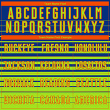 Load image into Gallery viewer, Custom Royal Neon Green-Orange Gradient Pinstripe Sublimation Soccer Uniform Jersey
