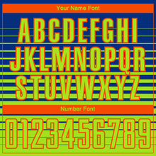 Load image into Gallery viewer, Custom Royal Neon Green-Orange Gradient Pinstripe Sublimation Soccer Uniform Jersey
