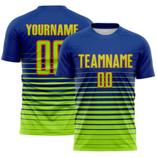 Load image into Gallery viewer, Custom Royal Neon Green-Orange Gradient Pinstripe Sublimation Soccer Uniform Jersey
