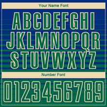 Laden Sie das Bild in den Galerie-Viewer, Custom Royal Kelly Green-Cream Gradient Pinstripe Sublimation Soccer Uniform Jersey
