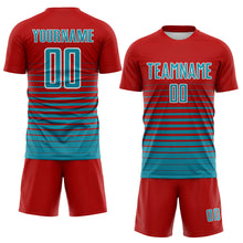 Charger l'image dans la galerie, Custom Red Teal-White Gradient Pinstripe Sublimation Soccer Uniform Jersey
