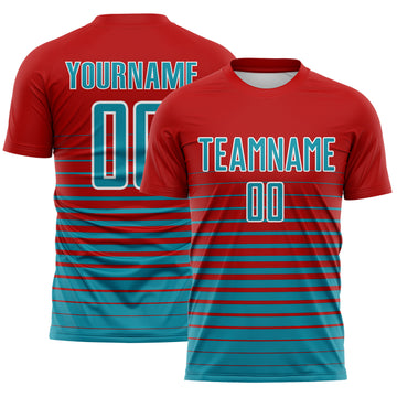 Custom Red Teal-White Gradient Pinstripe Sublimation Soccer Uniform Jersey