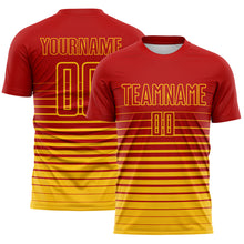 Laden Sie das Bild in den Galerie-Viewer, Custom Red Yellow Gradient Pinstripe Sublimation Soccer Uniform Jersey
