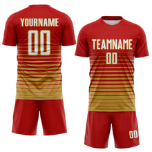 Загрузить изображение в средство просмотра галереи, Custom Red White-Old Gold Gradient Pinstripe Sublimation Soccer Uniform Jersey
