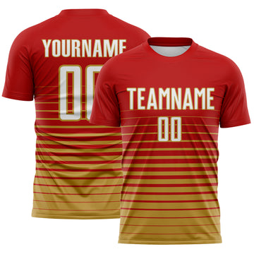 Custom Red White-Old Gold Gradient Pinstripe Sublimation Soccer Uniform Jersey