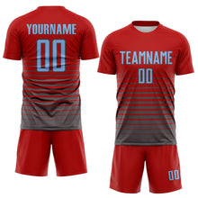 Charger l'image dans la galerie, Custom Red Light Blue-Steel Gray Gradient Pinstripe Sublimation Soccer Uniform Jersey

