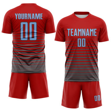 Custom Red Light Blue-Steel Gray Gradient Pinstripe Sublimation Soccer Uniform Jersey