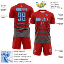 Charger l'image dans la galerie, Custom Red Light Blue-Steel Gray Gradient Pinstripe Sublimation Soccer Uniform Jersey
