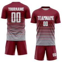 Laden Sie das Bild in den Galerie-Viewer, Custom Crimson White-Gray Gradient Pinstripe Sublimation Soccer Uniform Jersey
