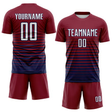 Laden Sie das Bild in den Galerie-Viewer, Custom Crimson White-Navy Gradient Pinstripe Sublimation Soccer Uniform Jersey
