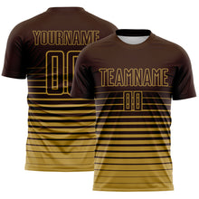 Laden Sie das Bild in den Galerie-Viewer, Custom Brown Old Gold Gradient Pinstripe Sublimation Soccer Uniform Jersey
