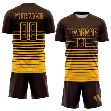 Custom Brown Gold Gradient Pinstripe Sublimation Soccer Uniform Jersey