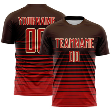Custom Brown Red-White Gradient Pinstripe Sublimation Soccer Uniform Jersey