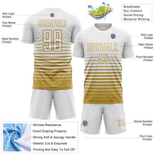 Load image into Gallery viewer, Custom White Old Gold Gradient Pinstripe Sublimation Soccer Uniform Jersey

