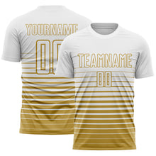 Load image into Gallery viewer, Custom White Old Gold Gradient Pinstripe Sublimation Soccer Uniform Jersey
