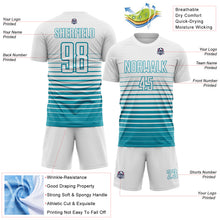 Load image into Gallery viewer, Custom White Teal Gradient Pinstripe Sublimation Soccer Uniform Jersey
