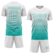 Load image into Gallery viewer, Custom White Aqua Gradient Pinstripe Sublimation Soccer Uniform Jersey

