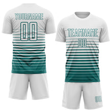 Laden Sie das Bild in den Galerie-Viewer, Custom White Teal Gradient Pinstripe Sublimation Soccer Uniform Jersey
