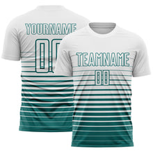 Laden Sie das Bild in den Galerie-Viewer, Custom White Teal Gradient Pinstripe Sublimation Soccer Uniform Jersey
