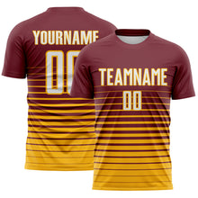 Charger l'image dans la galerie, Custom Burgundy White-Gold Gradient Pinstripe Sublimation Soccer Uniform Jersey
