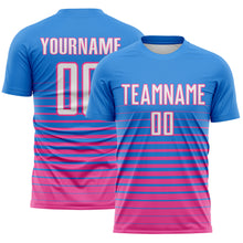 Charger l'image dans la galerie, Custom Powder Blue White-Pink Gradient Pinstripe Sublimation Soccer Uniform Jersey
