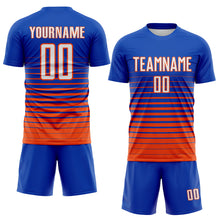 Laden Sie das Bild in den Galerie-Viewer, Custom Thunder Blue White-Orange Gradient Pinstripe Sublimation Soccer Uniform Jersey
