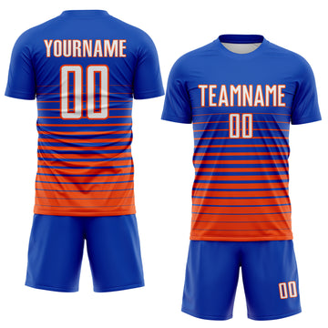 Custom Thunder Blue White-Orange Gradient Pinstripe Sublimation Soccer Uniform Jersey