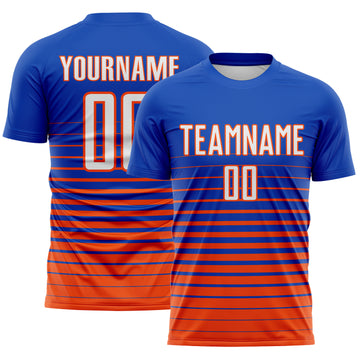 Custom Thunder Blue White-Orange Gradient Pinstripe Sublimation Soccer Uniform Jersey