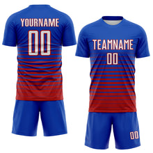 Laden Sie das Bild in den Galerie-Viewer, Custom Thunder Blue White-Red Gradient Pinstripe Sublimation Soccer Uniform Jersey
