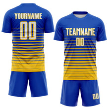 Загрузить изображение в средство просмотра галереи, Custom Thunder Blue White-Yellow Gradient Pinstripe Sublimation Soccer Uniform Jersey
