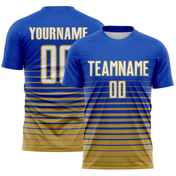 Custom Thunder Blue White-Old Gold Gradient Pinstripe Sublimation Soccer Uniform Jersey