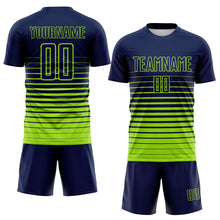 Laden Sie das Bild in den Galerie-Viewer, Custom Navy Neon Green Gradient Pinstripe Sublimation Soccer Uniform Jersey

