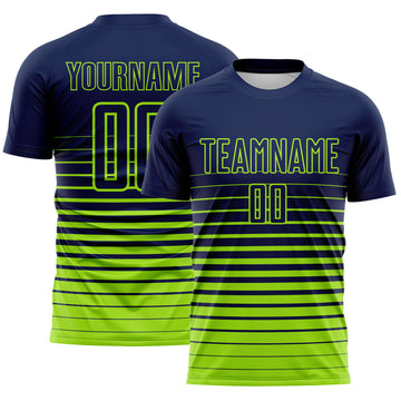 Custom Navy Neon Green Gradient Pinstripe Sublimation Soccer Uniform Jersey
